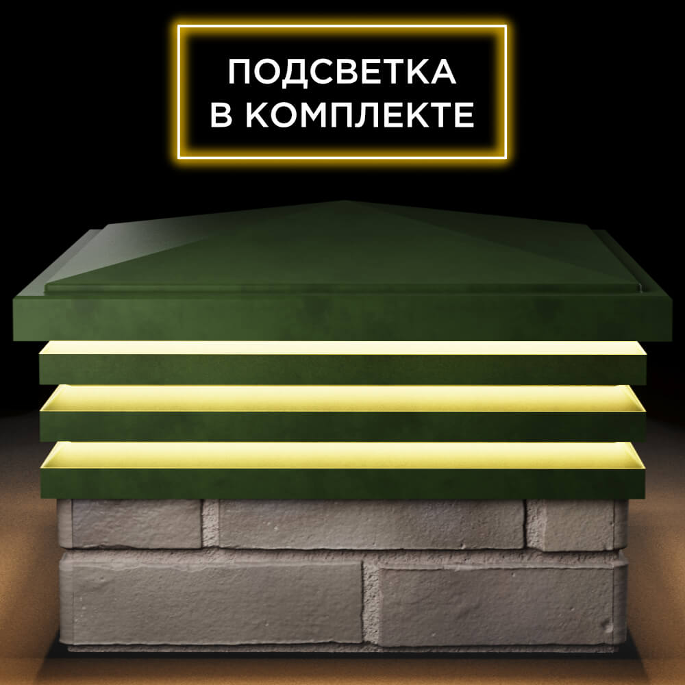 Колпак Zking Бона ХайТек Зеленый на столб 1.5х1.5 кирпича (385х385мм) с подсветкой Белая Калитва фото